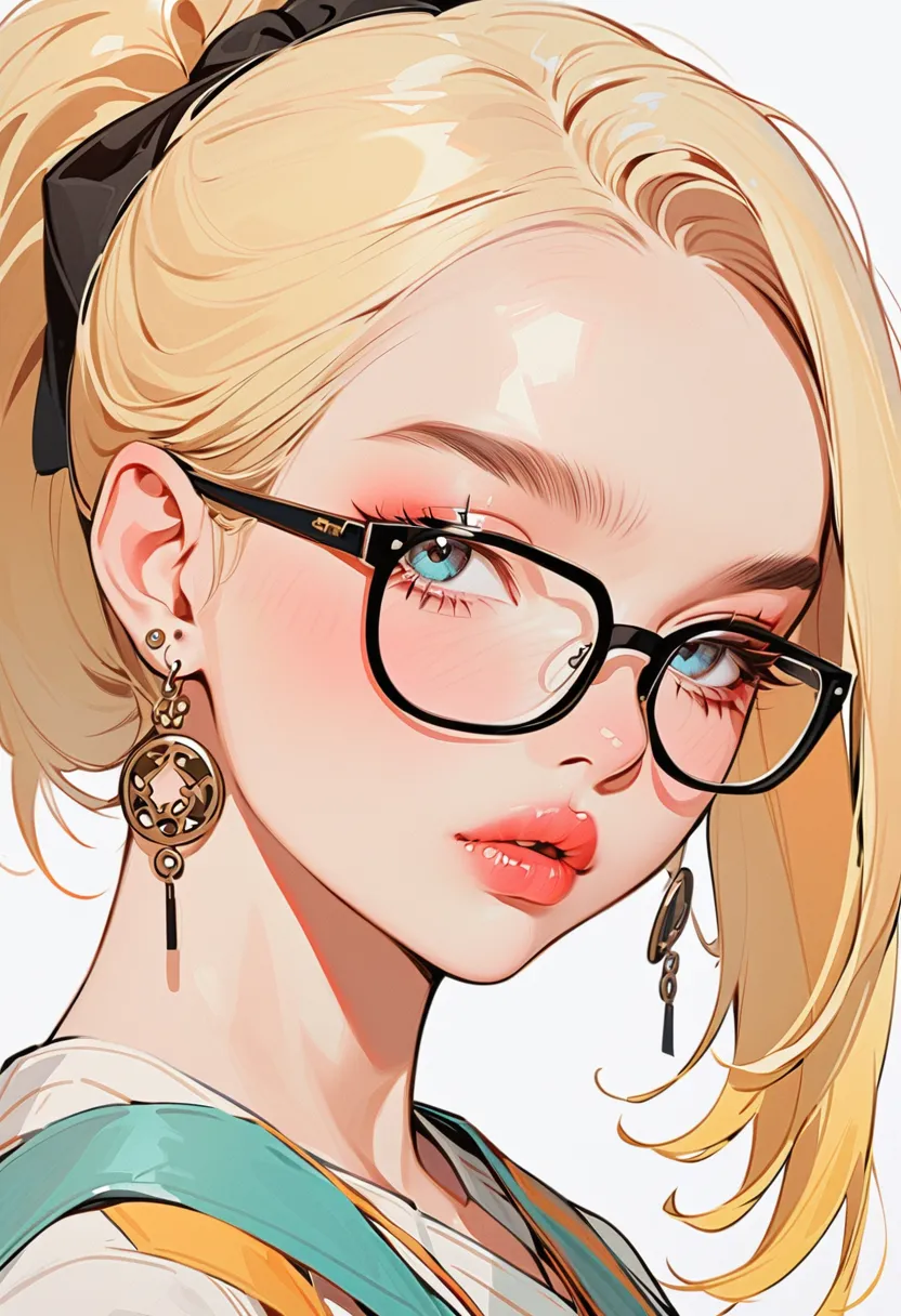 1girl, solo, jewelry, glasses, blonde_hair, earrings, pout, black-framed_eyewear, portrait, blue_eyes, white_background, head_tilt, lips, eyelashes, simple_background, high_ponytail