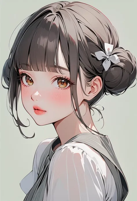 1girl, grey_dress, solo, dress, bow, looking_at_viewer, double_bun, grey_background, hair_bun, hair_bow, grey_bow, black_hair, upper_body, closed_mouth, simple_background, blush, lips, brown_eyes, blunt_bangs, short_sleeves