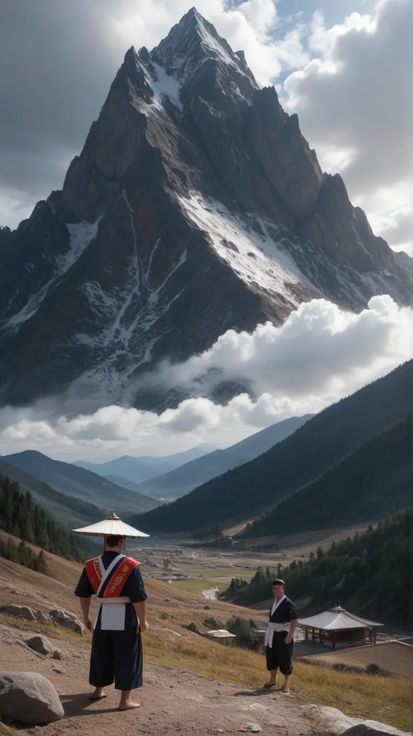 "A highly detailed 3D style scene set in a rugged mountainous landscape. A sumo wrestler, dressed in traditional sumo attire, is confidently pointing forward. The backdrop features towering rocky peaks, with the sky slightly overcast, adding a dramatic atm...