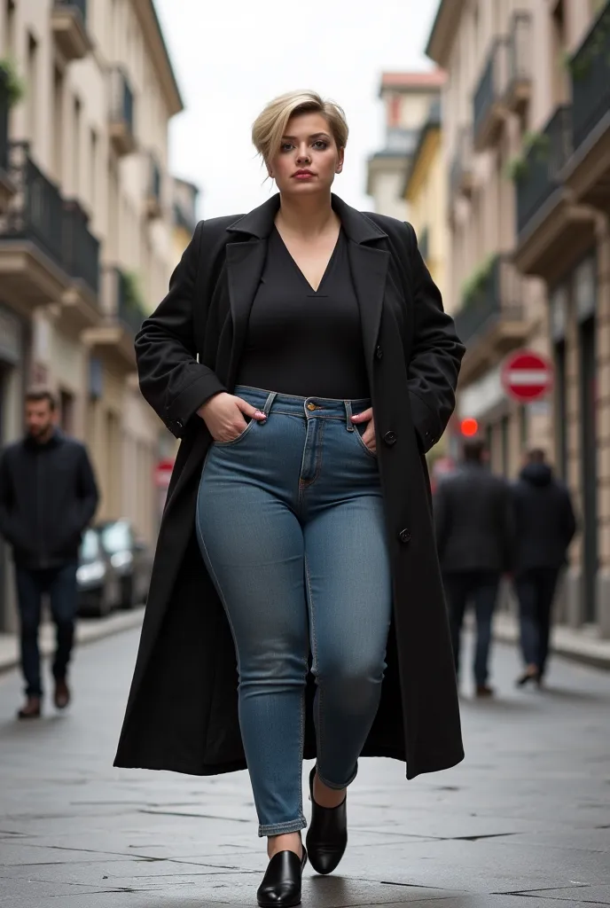 chats, Make me an artwork of a beautiful pale woman ,   coat  ,  black shirt, very short hair (Men&#39;s Style),  jeans, all the stars.  Make him very obese and have extremely wide hips and buttocks the same size as Gracie Bon. Your eyes are very serene. N...