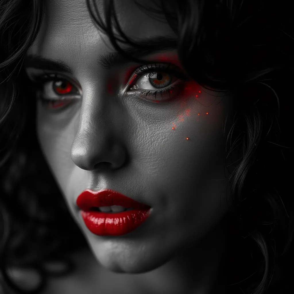 [a black and white portrait 9of a person with striking red lips and red flame|ashes burning eyes)], Tabletop, Highest quality, Realistic, Very detailed, finely, High resolution, 8k wallpaper, RAW Photos, Professional, High level of detail, 1 Brazilian Manl...