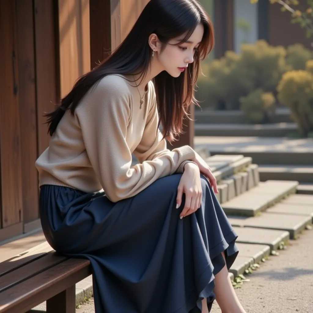 pa311.a digital-art, specifically a portrait or painting-style shot. It features a woman sitting on a wooden bench in an outdoor setting. The woman is dressed in a beige sweater and a long navy blue skirt, with her hair flowing down her back. She appears t...