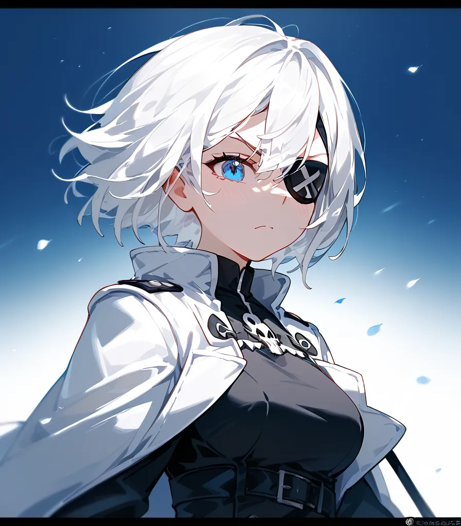  girl, white hair, short hair , in blue eyes, White Coat,medium breasts,cool,Wear a black miniskirt, White Skull Mask,eyes patch ตาขวา,,Cross Eye , black eye border,,Wearing black gloves ,Fierce face,black background,cute,student,In The Naked Eye,sulk,shy,...