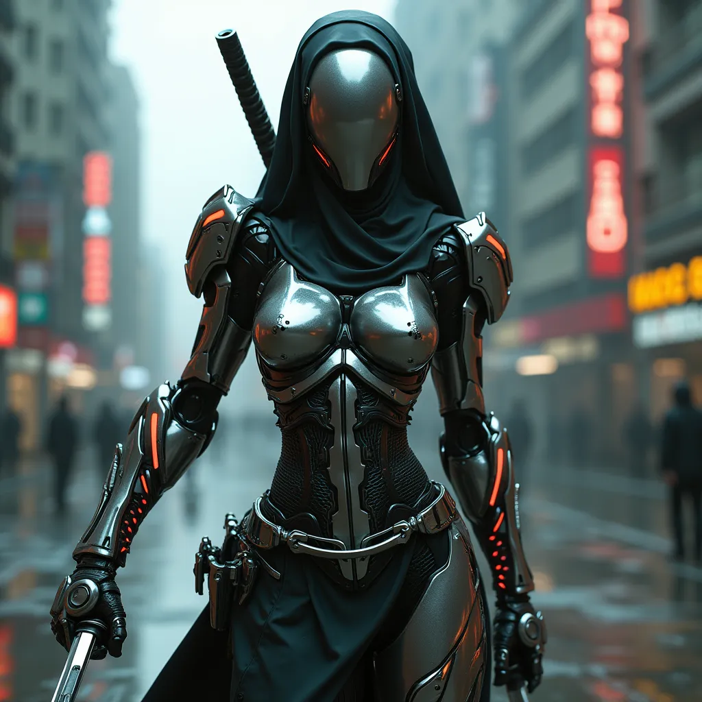 masterpiece,best quality,amazing quality,32k,ultra detailed, 1girl, cybrorg, humanoid, covered face with cyborg mask futuristic design, skinny, anthropomorphic creature from steel and chrome, carbon armor as clothes, composite armor, armor joints glow neon...