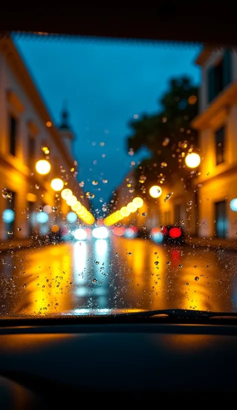 First-person POV from inside a car, looking through the windshield on a street in Salvador at night, light rain, reflections of yellow streetlights and colonial storefront lights on the wet glass, blurred Pelourinho in the background, soft lighting with wa...