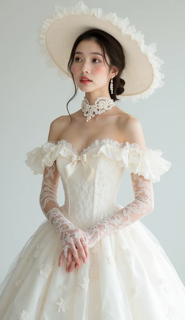 This image exudes timeless elegance and classic beauty. The asian woman is dressed in a stunning, vintage-inspired white gown with intricate lace detailing. The off-the-shoulder design highlights her delicate collarbones and soft décolletage, while the str...