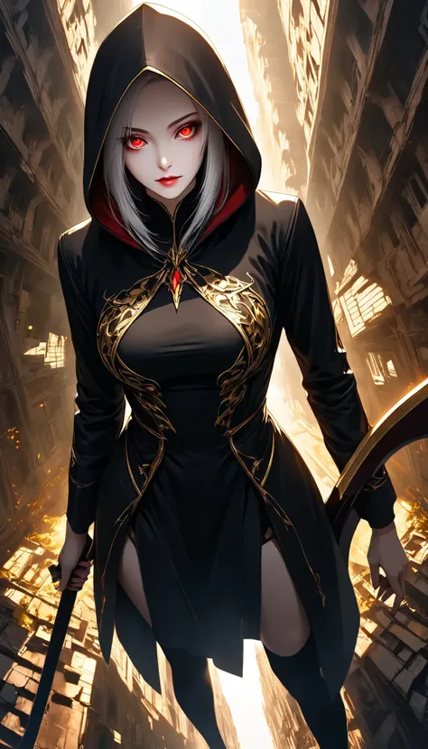 ((a woman with hollow eyes, Dynamic immersive portrait composition, from below:1.37), Alone, Detailed black robe, (beautiful detailed face, a seductive gaze that can be seen slightly through the hood,Clear red eyes, drop shadow on expression)),Weakness in ...