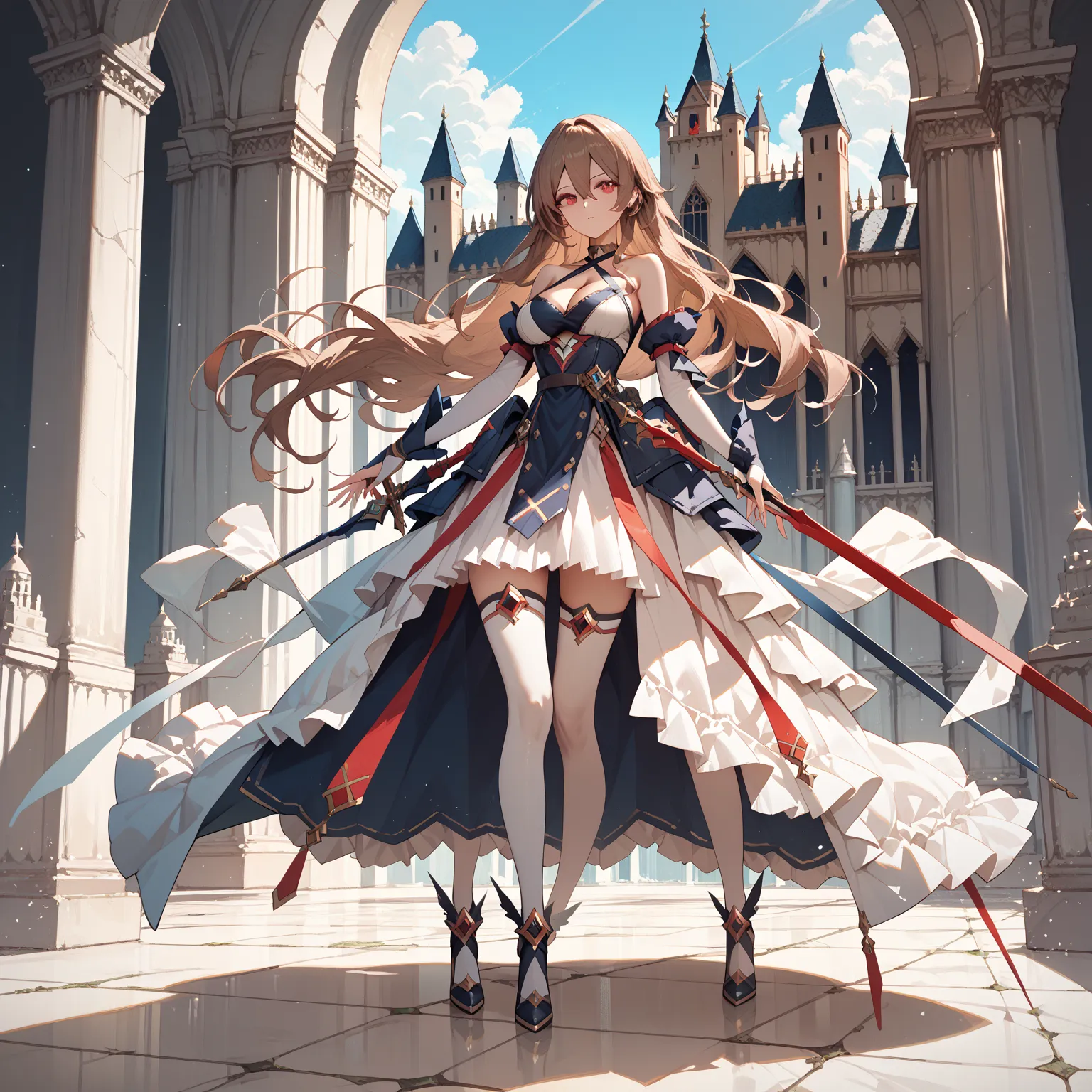 ,full body,1girl in castle　,,long hair,brown hair,hair between eyes,bridal gauntlets,white gloves,detached sleeves,red eyes,
bare shoulders,cleavage,dress,criss-cross halter,