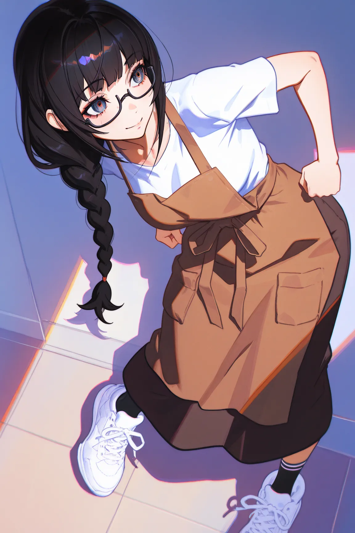 1girl, black long hair, single braided hair, under-rim eyewear, white T-shirt, simple brown apron, long skirt, socks, sneakers, breasts, gentle smile, (by ilya kuvshinov:0.4, by mika pikazo:1.0), very awa, masterpiece, best quality, newest, highres, absurd...