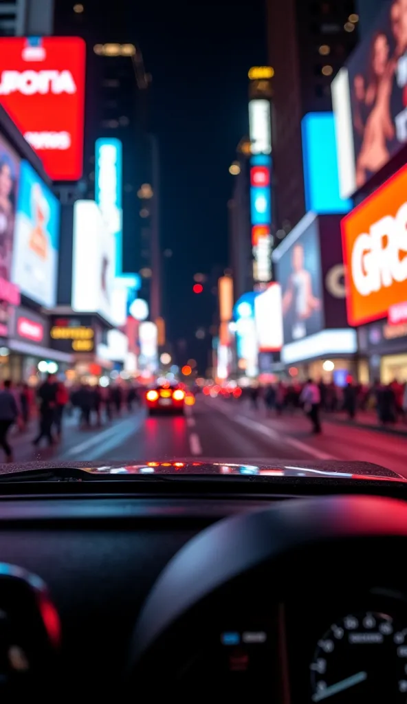 First-person POV from inside a car, looking through the windshield in Times Square, New York, at night, intense glow of LED screens in red, blue, and white reflected on the glass, blurred crowd in the background, vibrant and chaotic lighting, pulsating neo...