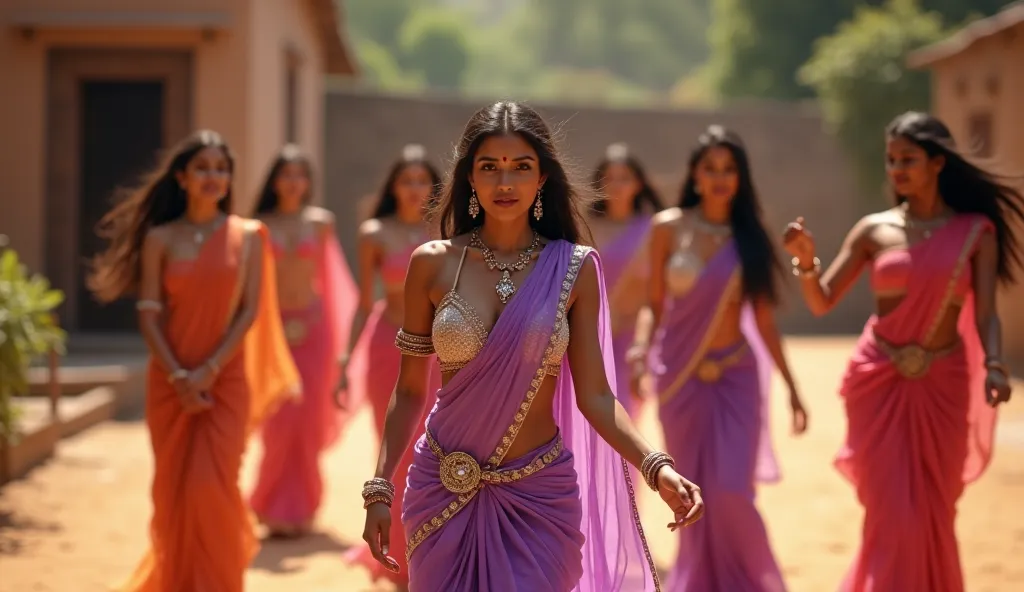 A beautiful woman, Indian, age 18, wearing a light purple sari, bra on her chest, dancing with 6 sexy women in the village's mud courtyard, everyone watching.