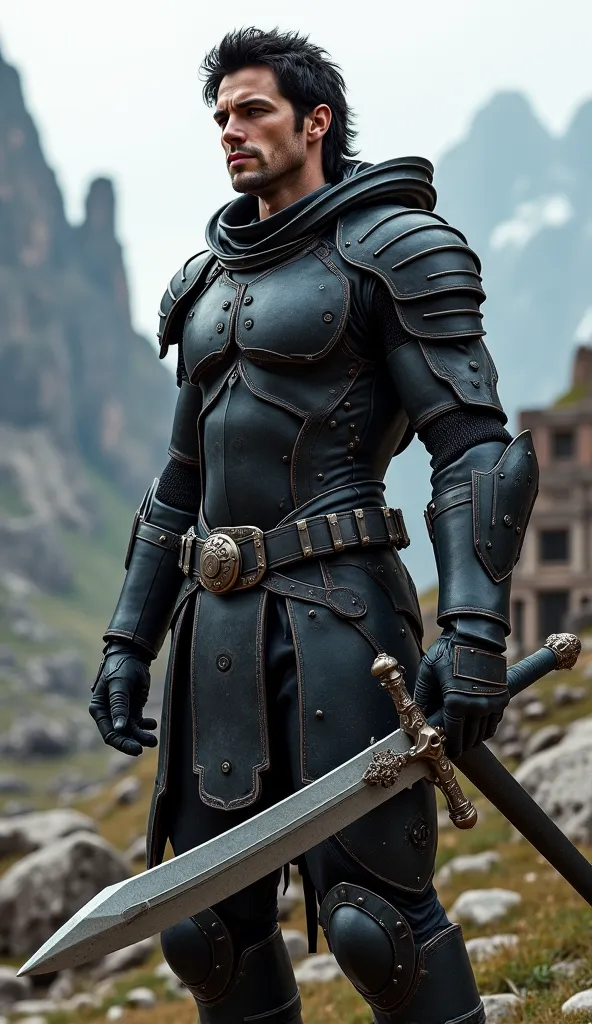 man with black hair and brown eyes with deep eyes dressed in black zero armor with sword and shield (full body)