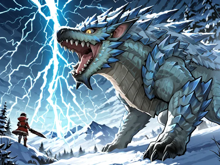 Kushaldaora (Monster Hunter)、Furyu Wears Storm、 open your mouth to intimidate 、Snowy mountains in a blizzard、Lightning strikes the surroundings、super high quality、Escapist videos