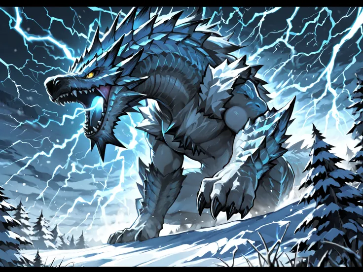 Kushaldaora (Monster Hunter)、Furyu Wears Storm、 open your mouth to intimidate 、Snowy mountains in a blizzard、Lightning strikes the surroundings、super high quality、Escapist videos