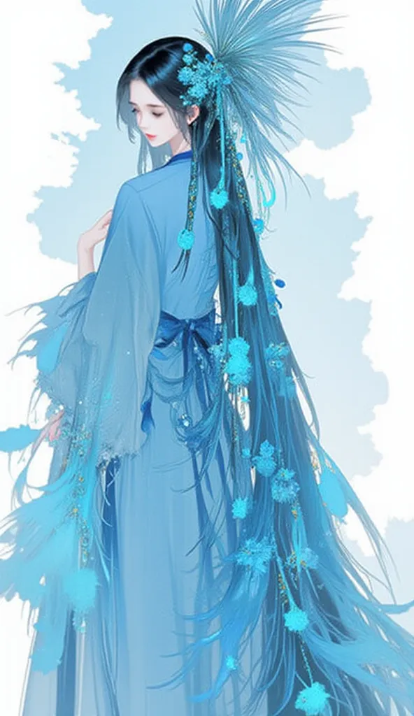 ar311.a digital-art with a dreamy and ethereal atmosphere. It depicts a woman dressed in a flowing, elegant blue gown adorned with peacock feathers. Her hair is styled in a long braid, embellished with peacock feathers and flowers. The background is minima...