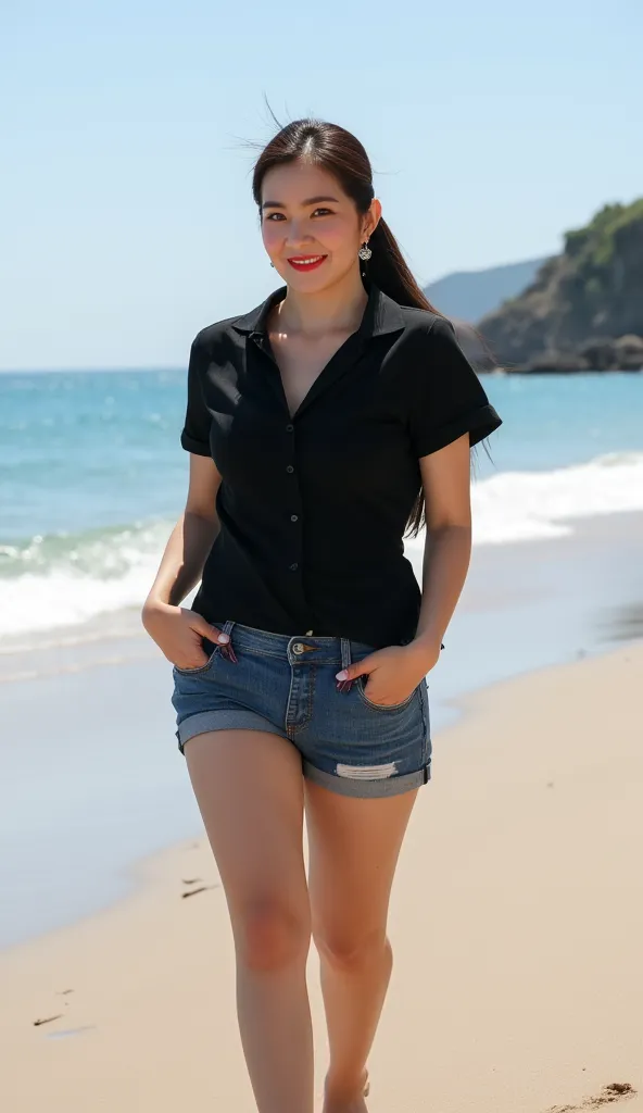 an office lady, Playing on the beach, use a casual shirt in black, using short denim pants, big boobs,  slim waist, red lips, Hair tied ponytail 