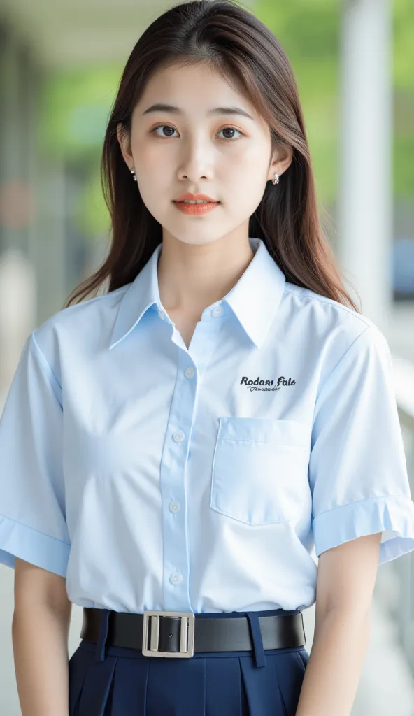 The young asian woman in the image has a soft and natural-looking face with well-proportioned facial features. Her chin is delicately shaped, and her fair skin appears smooth and radiant. Her large, expressive eyes sparkle slightly, reflecting natural ligh...