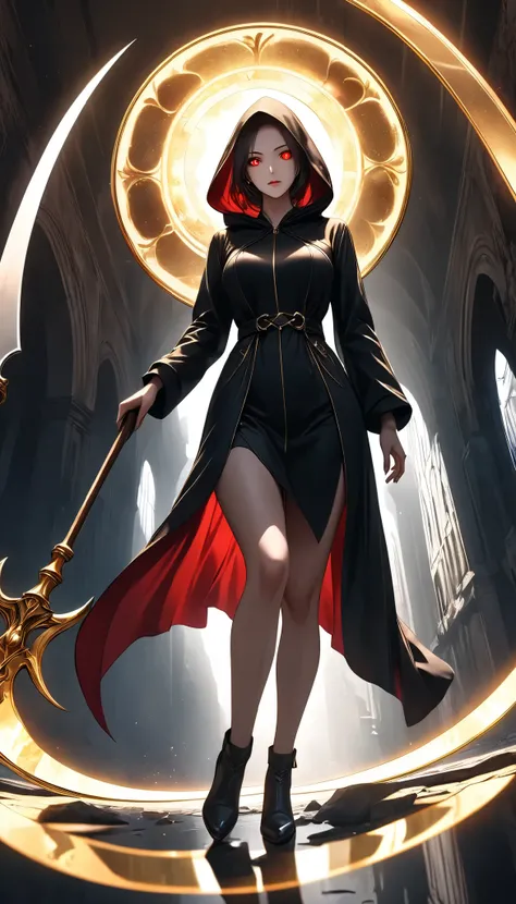 ((a woman with hollow eyes, Dynamic immersive portrait composition, from below:1.37), Alone, Detailed black robe, (beautiful detailed face, a seductive gaze that can be seen slightly through the hood,Clear red eyes, drop shadow on expression)),Weakness in ...