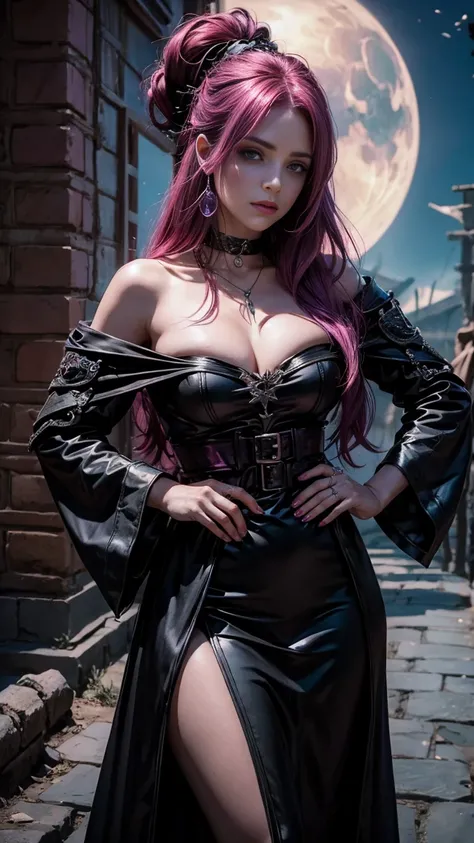 crea a una chica como Mylene FARMER pero con vestuario de pirate mezclado con bruja de color morado, a bandit dress but elegant . Hair with wine-colored highlights/magenta and the rest black and long single (Get inspired by the characters from the Descenda...