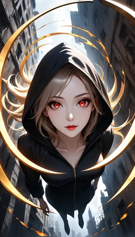 ((a woman with hollow eyes, Dynamic immersive portrait composition, from below:1.37), Alone, Detailed black robe, (beautiful detailed face, a seductive gaze that can be seen slightly through the hood,Clear red eyes, drop shadow on expression)),Weakness in ...