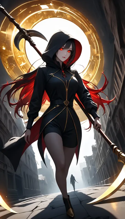 ((a woman with hollow eyes, Dynamic immersive portrait composition, from below:1.37), Alone, Detailed black robe, (beautiful detailed face, a seductive gaze that can be seen slightly through the hood,Clear red eyes, drop shadow on expression)),Weakness in ...