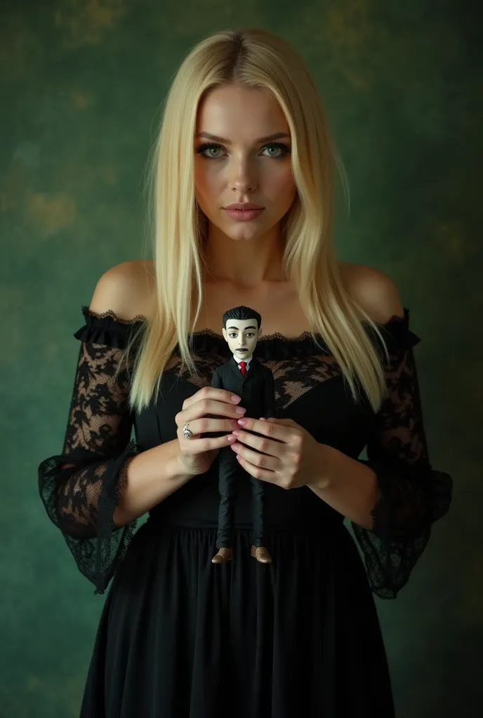 Make a realistic image of the full body of a sucubus woman, blond hair, straight hair, long, sexy black lace dress, makeup on her face,  bright green eyes , playing with her hands a puppet in the shape of a man