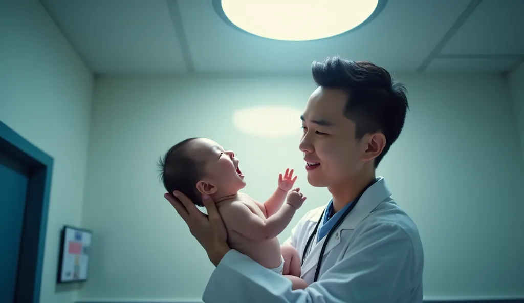 Overhead view of newborn Vietnamese baby looking intently at male Vietnamese doctor holding him in his arms, mouth wide open and eyes wide open, hospital scene bright white light