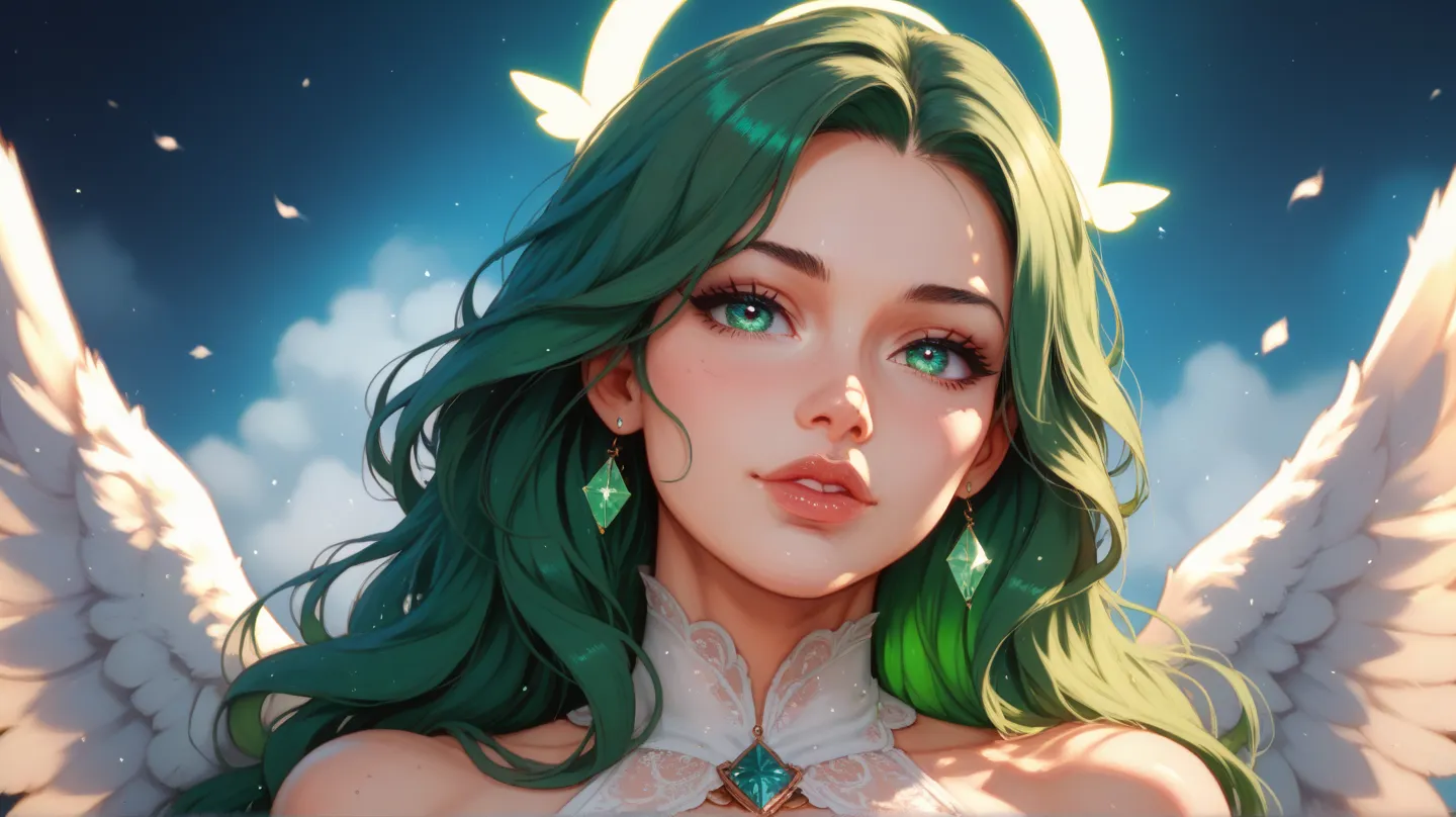 A beautiful angel, green hair perfect face perfect eyes perfect sexy body,  Ultra realistic cinematic HDR lighting, resolution 8k. No imperfections on the face