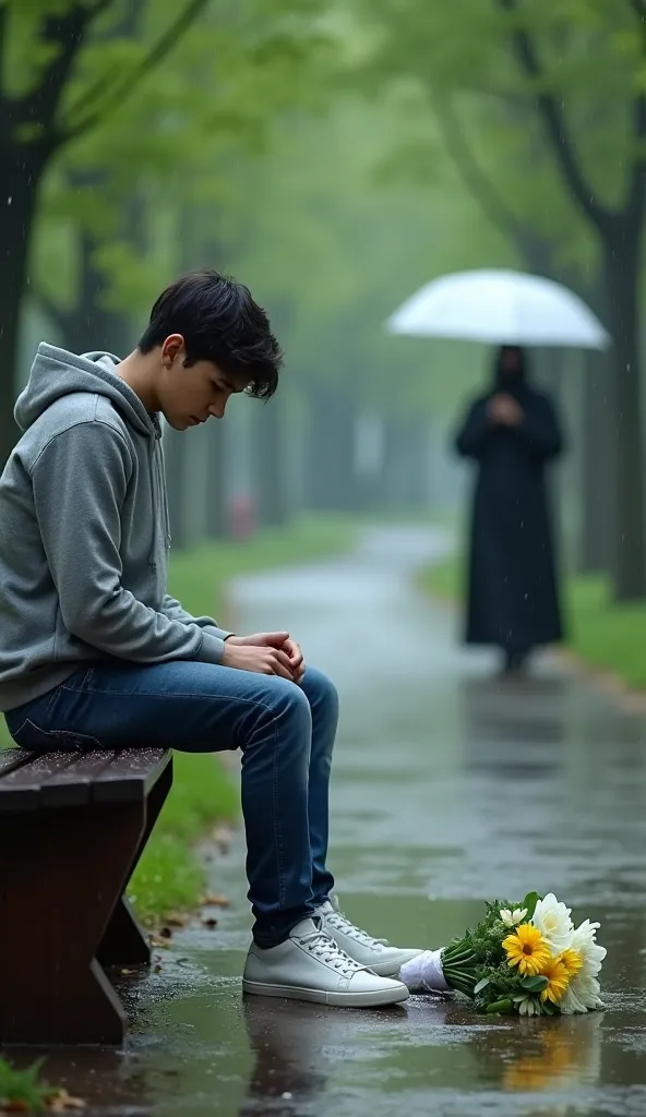 A young man with dark hair sits alone on a wooden bench in a rainy park, looking down with a sad expression. He wears a gray hoodie, blue jeans, and white sneakers. His hands rest on his lap, and a bouquet of fresh white and yellow flowers lies beside him ...