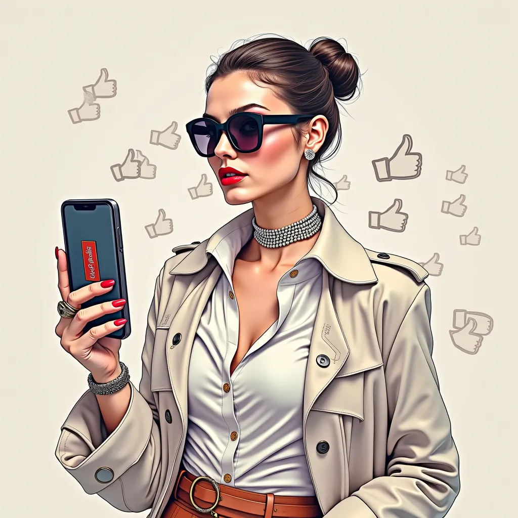 A fashionable woman wears sunglasses and the background has an Instagram sign and likes and no phone 