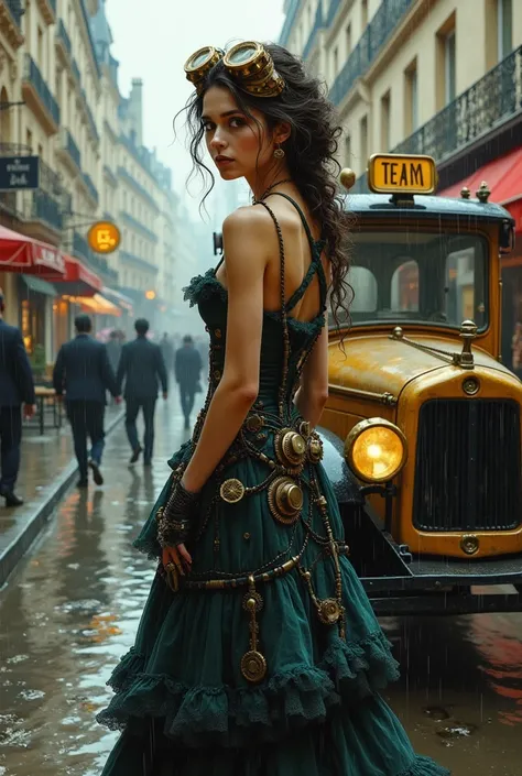 Create a masterpiece: Beautiful steampunk woman in the foreground and steampunk taxi in the background on a rainy and humid day in Paris, in the style of Vincent Van Gogh