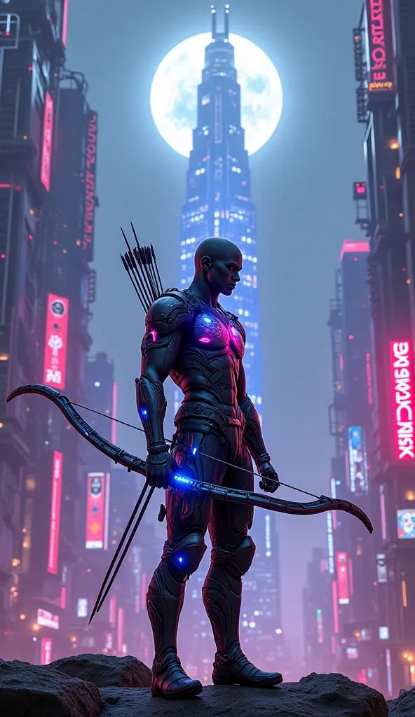 Antaeus, the son of Kratos, stands as a lone hunter in a neon-drenched cyberpunk metropolis. His high-tech bow hums with energy, its plasma string glowing with an eerie blue light, ready to unleash arrows that pierce both metal and flesh. His body is a fus...