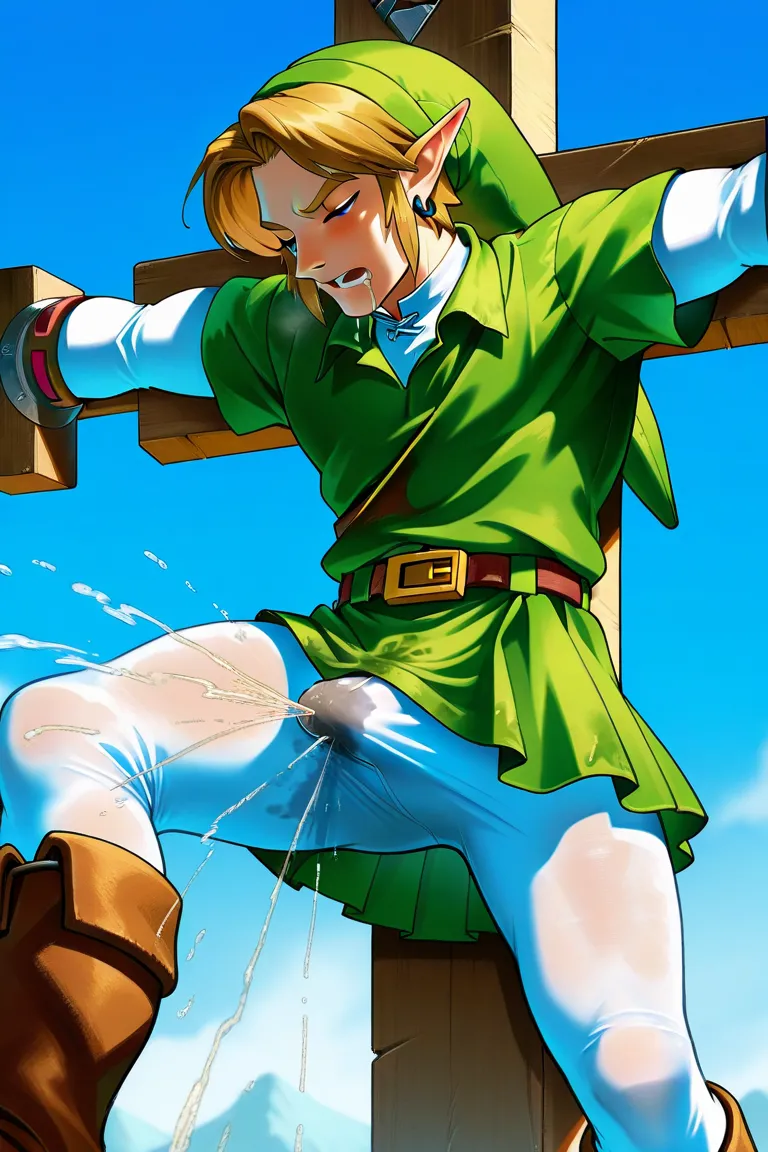 ootalink, link, the legend of zelda: ocarina of time, official art, solo, male focus, long legs, white pantyhose, white undershirt, layered sleeves, brown knee boots, brown elbow gloves, brown fingerless gloves, green pleated skirt, green tunic, green head...