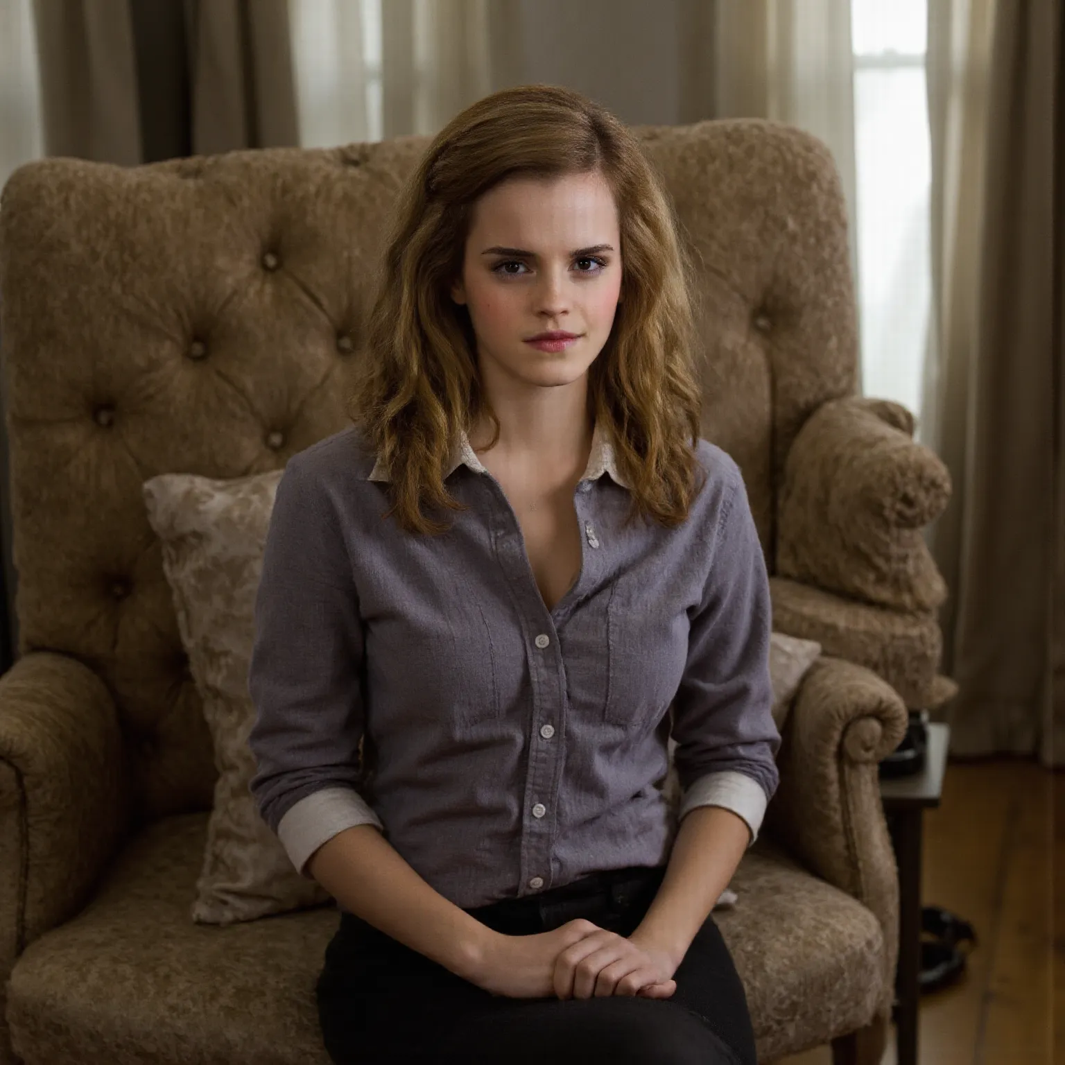 Emma Watson sitting sensually on a sofa to charm, dressed in shirt and pants