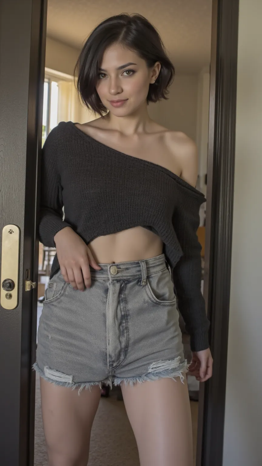 A femboy with very short hair, Crossdressers as a woman,  the black hair , in long gray washed shorts and a crop top sweater, wearing makeup open the front door of his house for me,  in front of the camera  