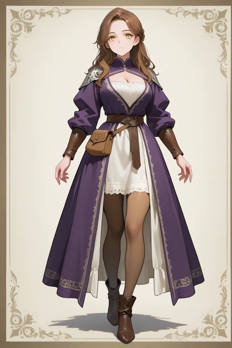 1woman, solo, long brown hair, yellow eyes, full-body, medieval outfit, high-class appearance, long brown stockings, purple dress with yellow details.