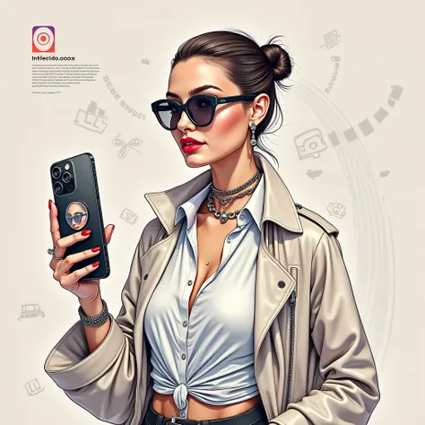 A fashionable woman wears sunglasses and the background has an Instagram sign and likes and an iPhone with three cameras