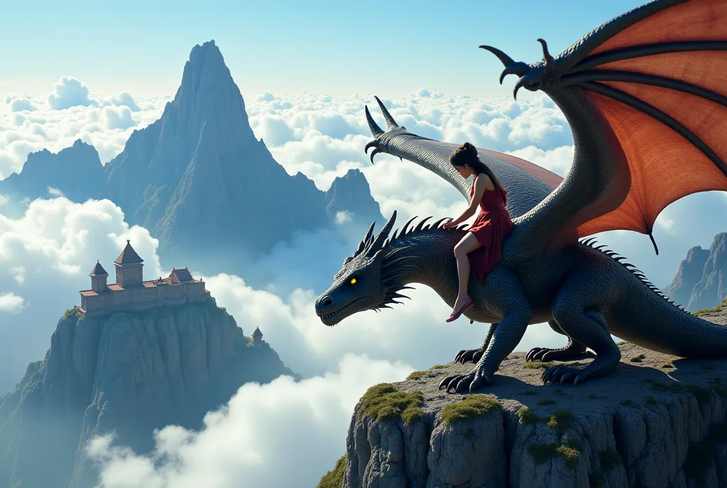 bird's-eye view looking down at the ground,
is interacting with a Japanese female adventurer in her 20s,
riding on the back of a dragon,
stroking the scales of a dragon,
dragon,
a dragon with huge wings,  western style , Crystalline Wings,Flying through th...