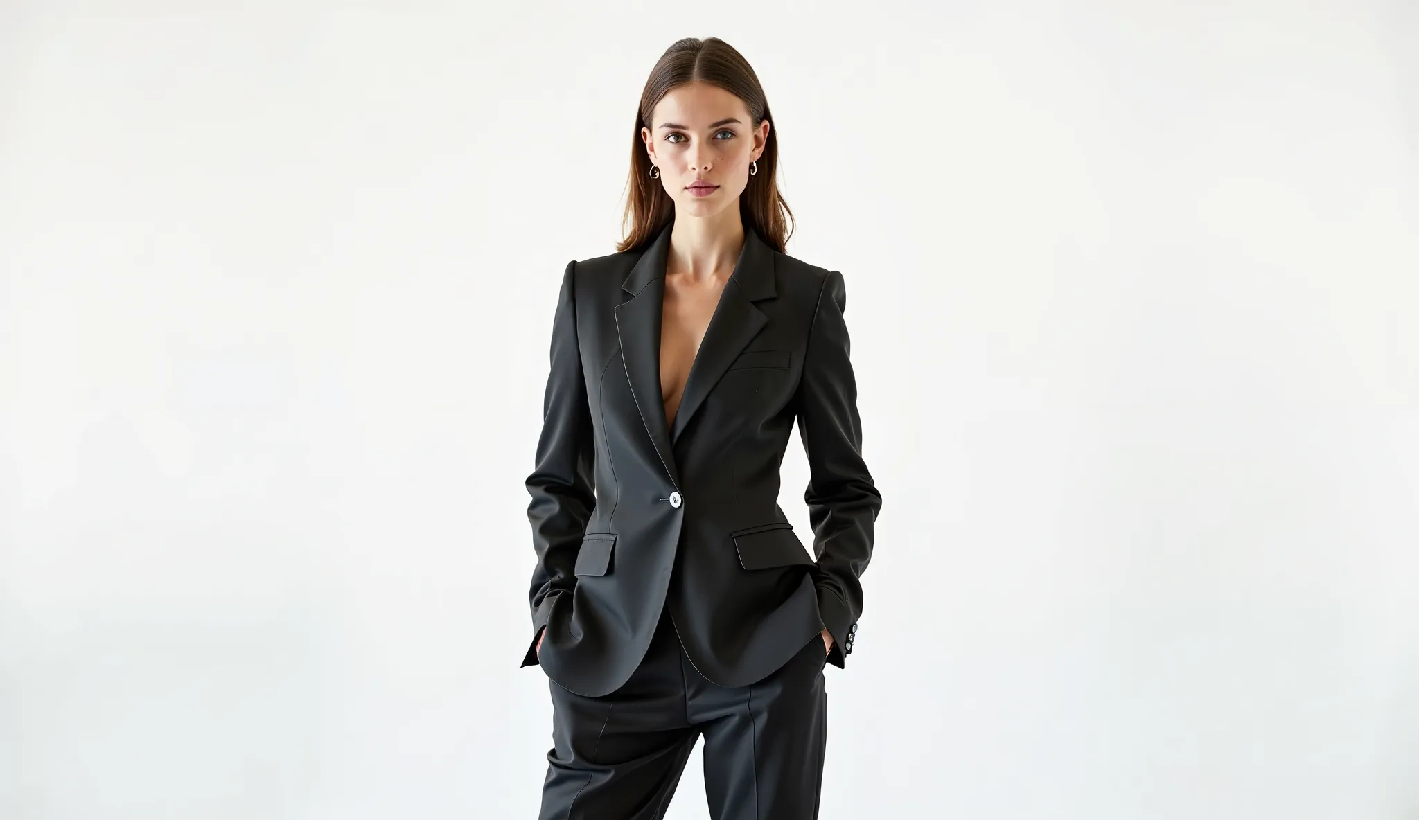 A female model wearing a stylish suit stands against a clean white background in a professional studio. Captured on a Nikon D750 with a 50mm lens, the setup includes a mix of diffused lighting and rim light to create a sophisticated and modern visual appea...