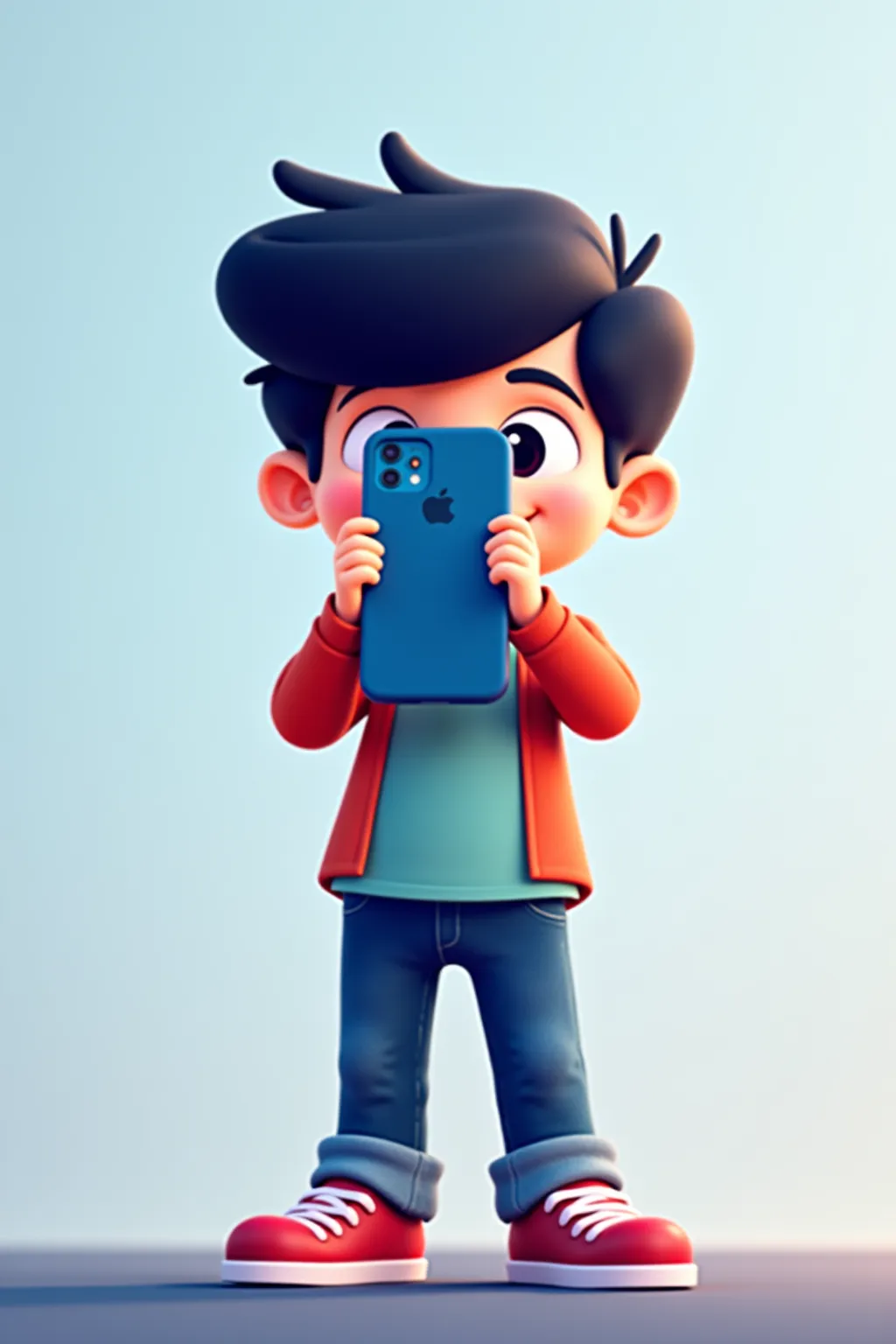 Generate an animated image of a boy with his face blocked with a single smartphone (Up to 15 pro)