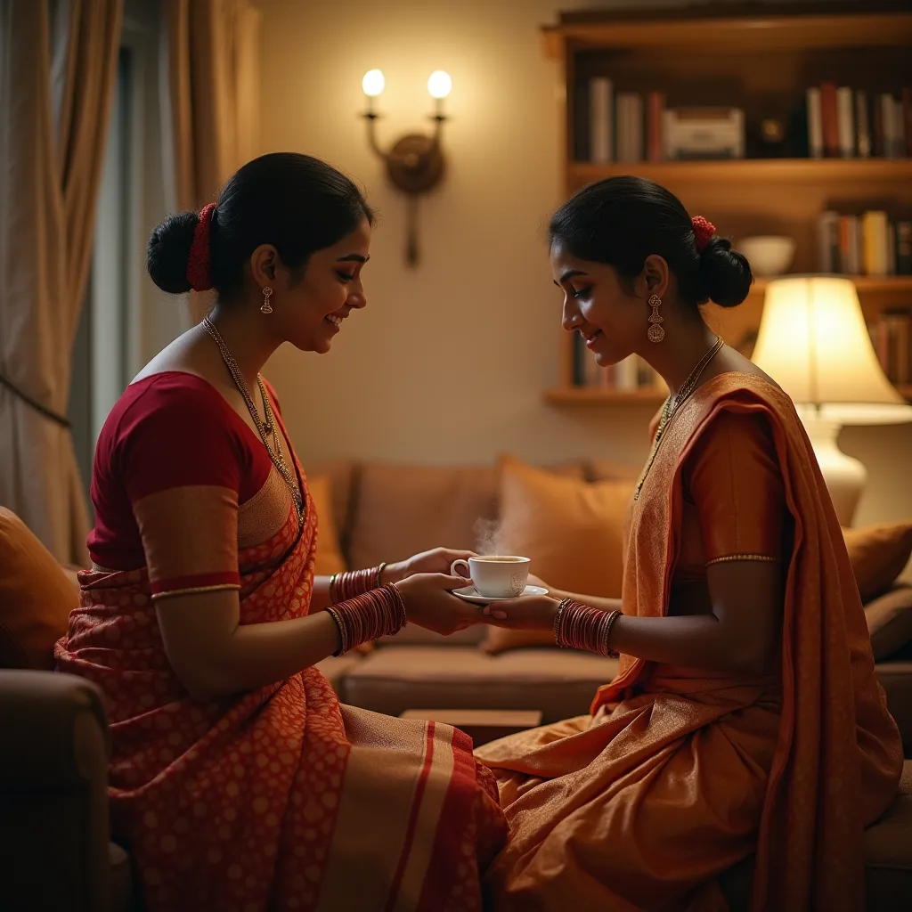 A indian married lady sharing tea to her house stranger in living room