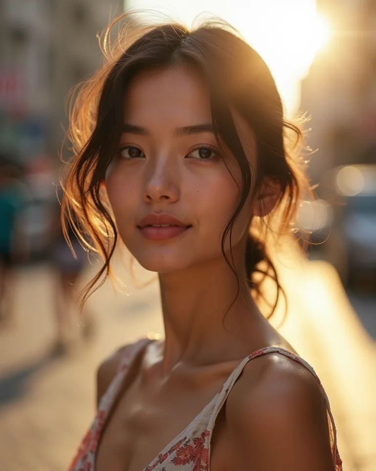 High-Quality Portrait Photography,Character clarity,Beautifully moving ,Exquisite and delicate ,Beautiful Ambience ,Natural Light and Warm Sun,Street view city background,Elegant Posture,Eye Focus Gentle, Delicate Texture ,4K high definition,Professional p...