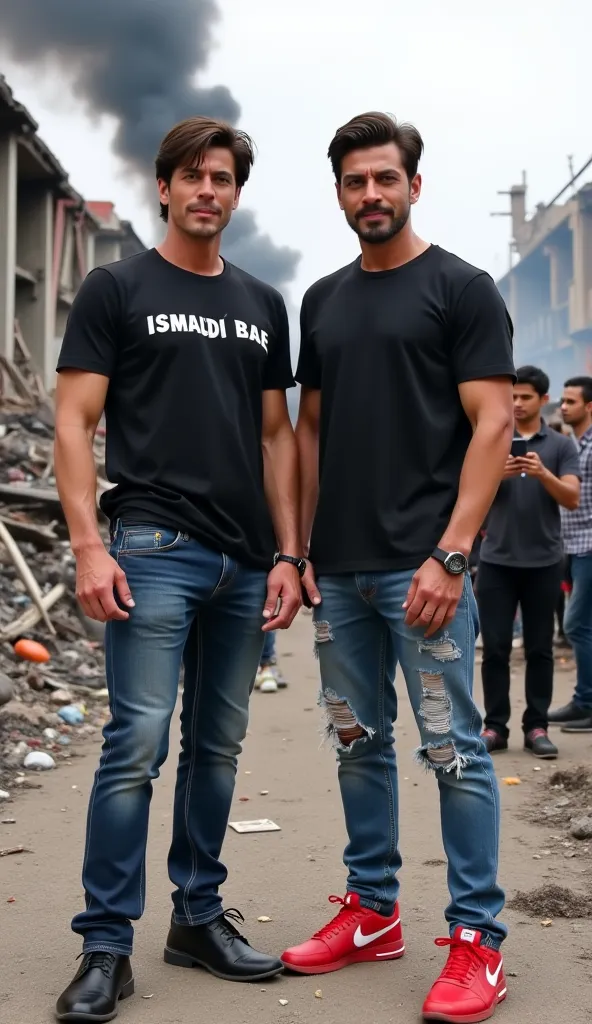 close up photo of Shah Rukh Khan, standing with a handsome Indonesian man with medium hair, thin body, wearing a black t-shirt with the words "Ismadi Bae" on the chest, wearing torn jeans, wearing red Nike shoes, they both stand in the filming area, and so...