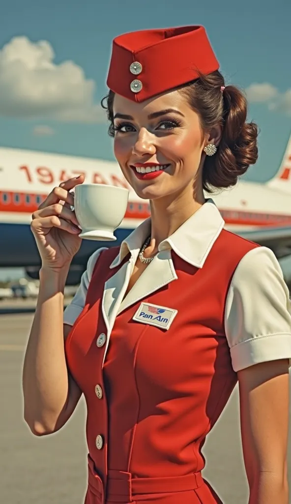 Beautiful stewardess, Wear Pan Am Seleste's uniform, behind it is a Boeing 737 aircraft, the sky is clear, Are there some clouds, the weather is nice, The image is of good quality, real photo,  vintage style, She is drinking a coffee, vintage pan am style ...