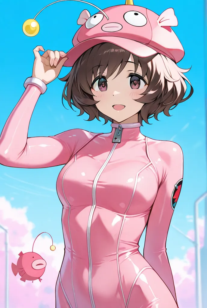 akiyama yukari,anglerfish,pink bodysuit,pink headwear,monkfish,1girl,solo,