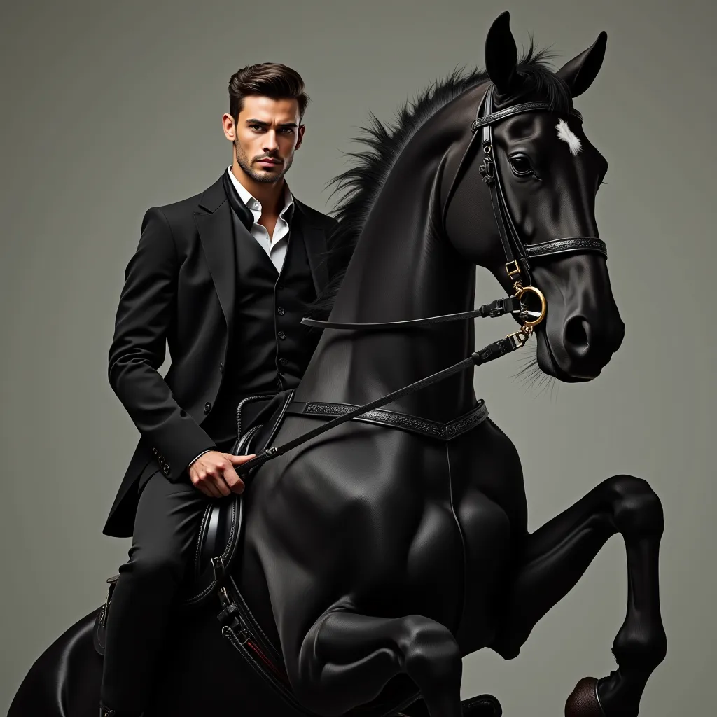 A close-up of an elegant young man looking directly at the viewer and riding an authentic Arabian black horse, The horse raises its front legs and rises, 