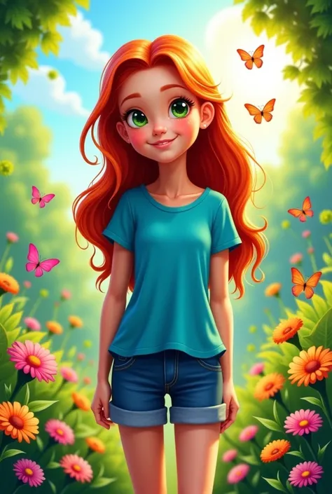 A young girl with sparkling green eyes and long wavy red hair, wearing a bright blue short-sleeved shirt and denim short,standing in a lush green garden filled with colorful flowers and butterflies. The sun is shining brightly, and birds are chirping in th...