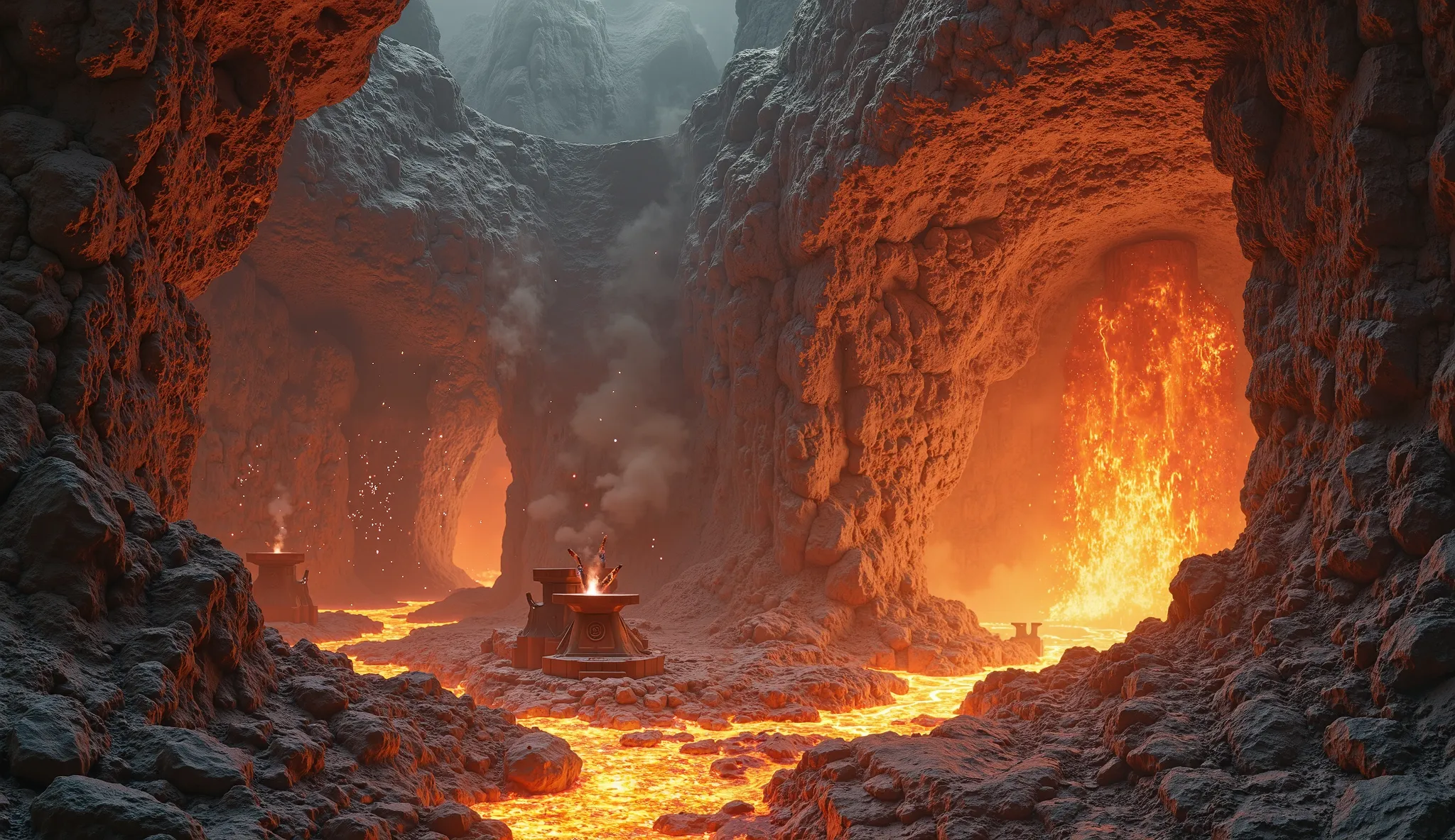 Ancient dwarven forge deep within a mountain, massive molten lava rivers, gigantic stone anvils, carved runes glowing softly, smoke and sparks filling the air, dark fantasy, cinematic lighting, ultra-detailed, epic atmosphere, high contrast between fire an...