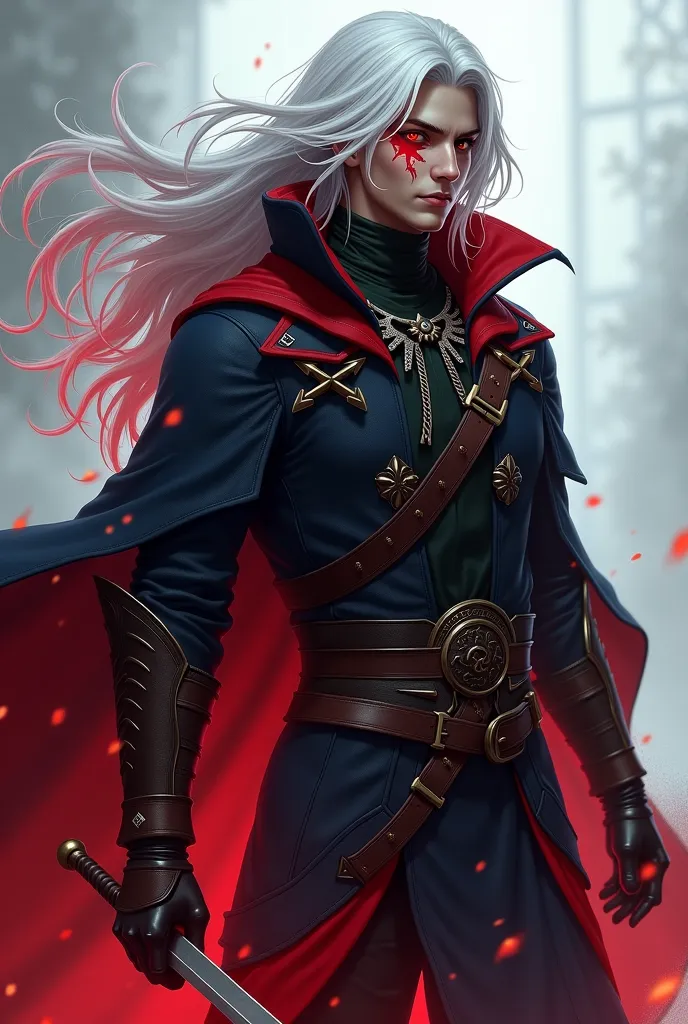 **Character Name:** Kaen "The Scarred Phantom"

**Appearance:**
Kaen has striking long white hair that cascades down his back, with hints of crimson red at the tips, giving it a fiery yet ethereal look. His eyes are sharp, but his left eye is covered by a ...