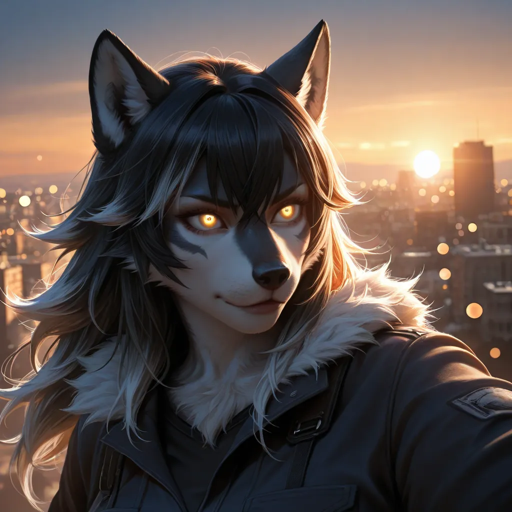 female grey wolf,soldier,black hair,furry,realistic,city,sunset,humanoid,realistic wolf humanoid,detailed facial features,expressive pose,glowing eyes,4K,8K,high resolution,masterpiece,ultra-detailed,realistic,photorealistic,photo-realistic,HDR,UHD,studio ...